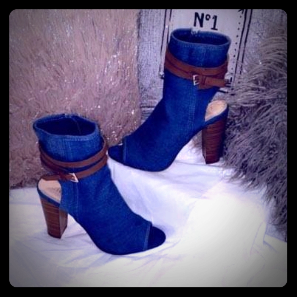 Denim Peep Toe Booties w Tan Accents